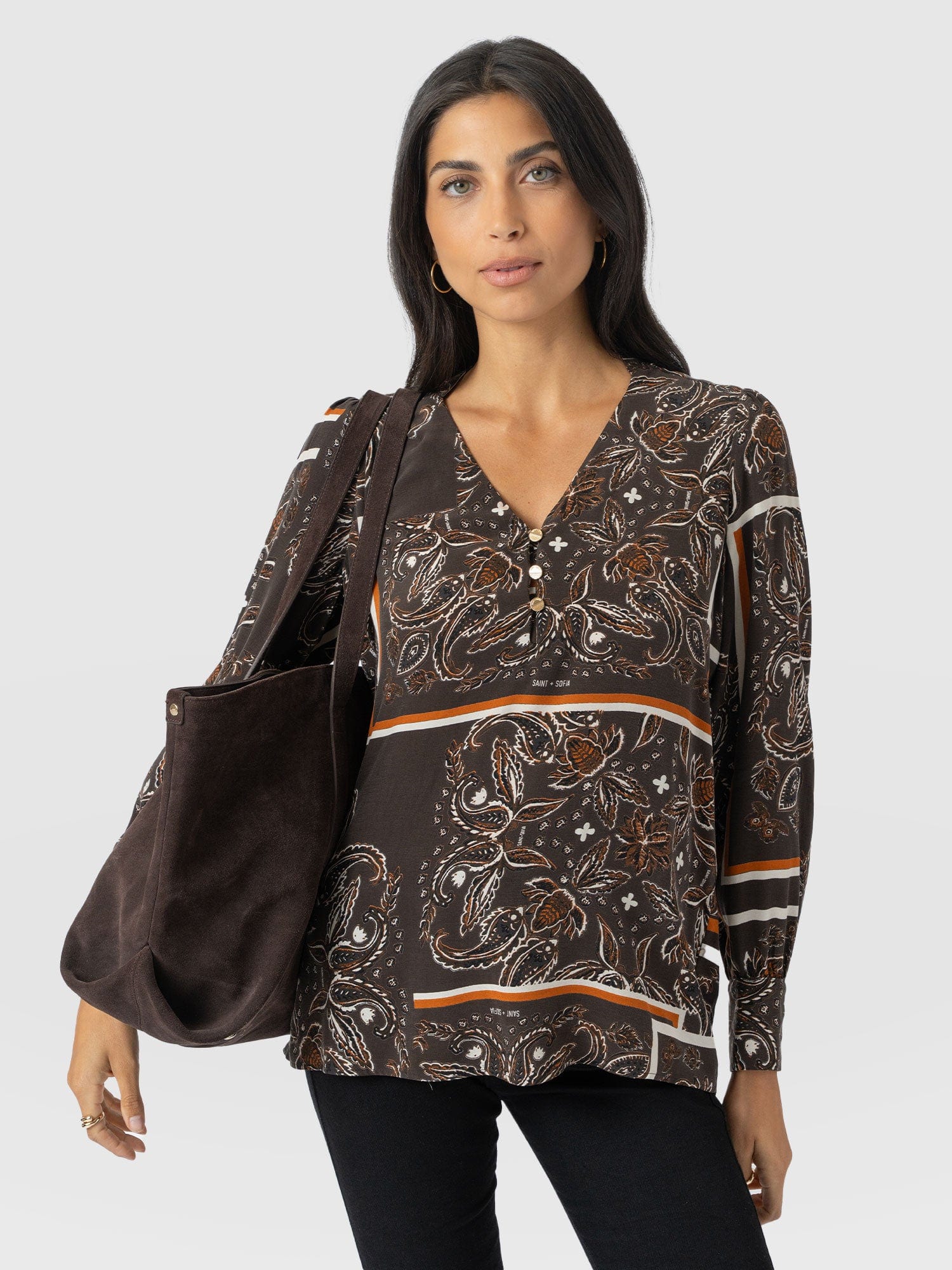 Joselyn V Neck Blouse - Brown Paisley - Women's Blouses | Saint + Sofia? EU